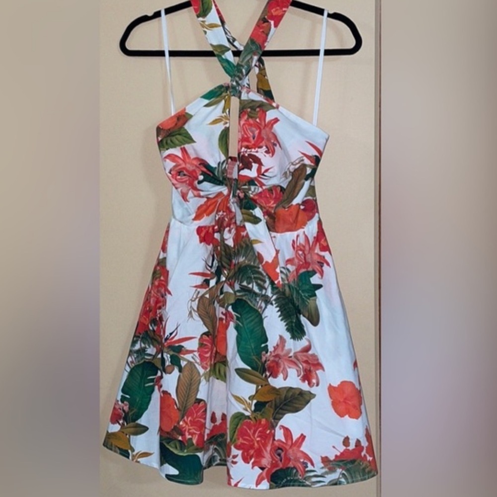 NWT Gianni Bini Charlotte Tropical Floral Halter Tie Front A-Line Dress - Picture 6 of 6
